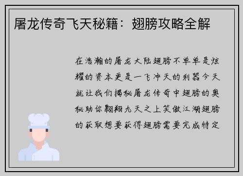 屠龙传奇飞天秘籍：翅膀攻略全解